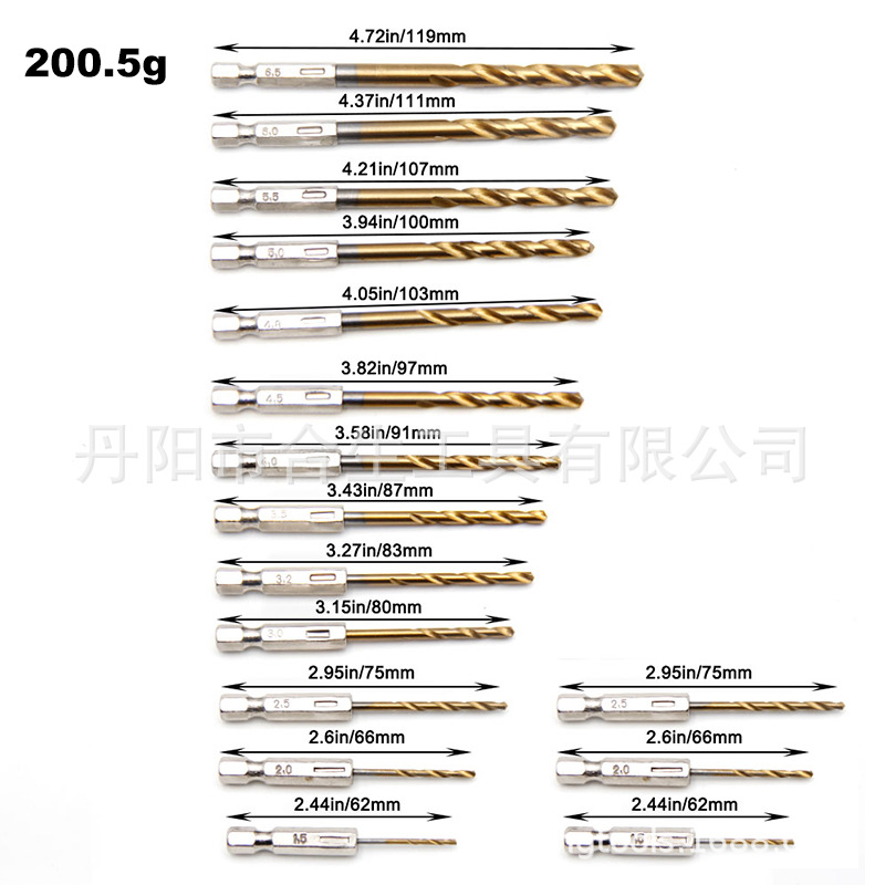 Drill bit set, titanium-coated, 13 pieces, 1.5-6.5mm