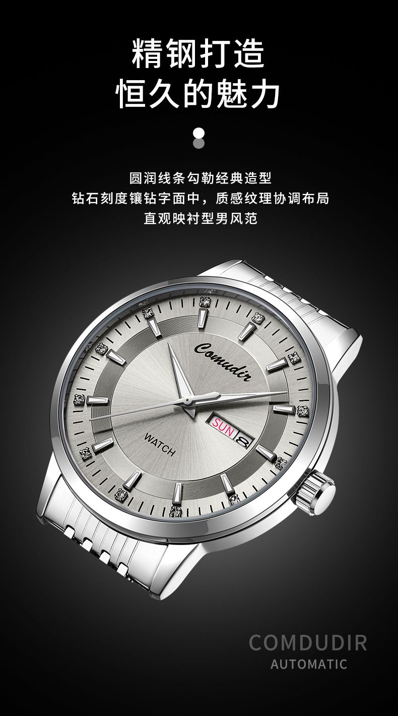 Automatic mechanical watch, hollow design, waterproof, luminous, dual calendar