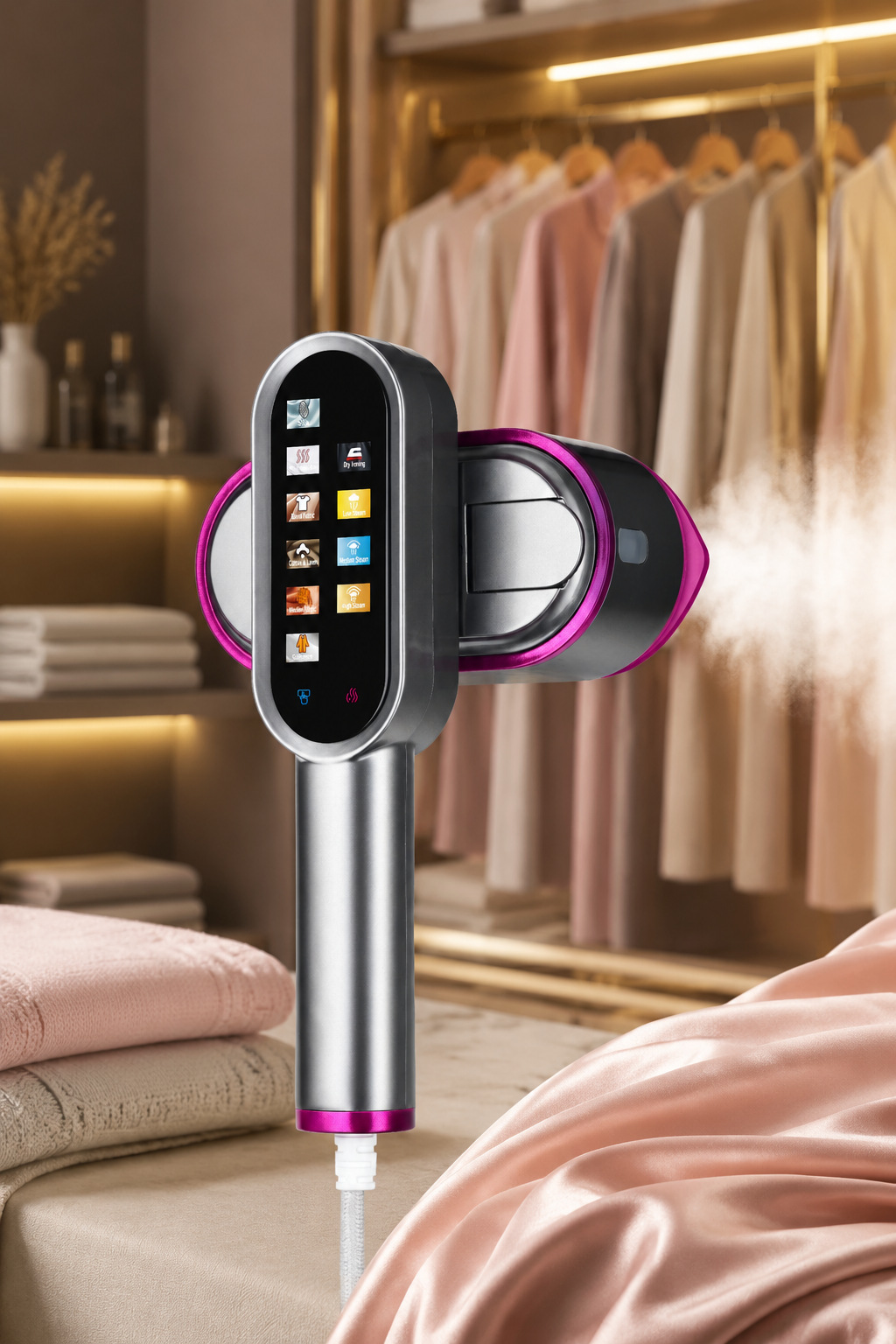 Foldable handheld garment steamer, touch screen, portable