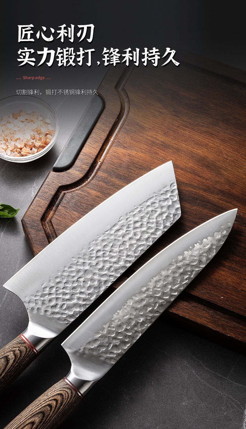 Colorful wooden handle hammer-textured steel kitchen knife set santoku