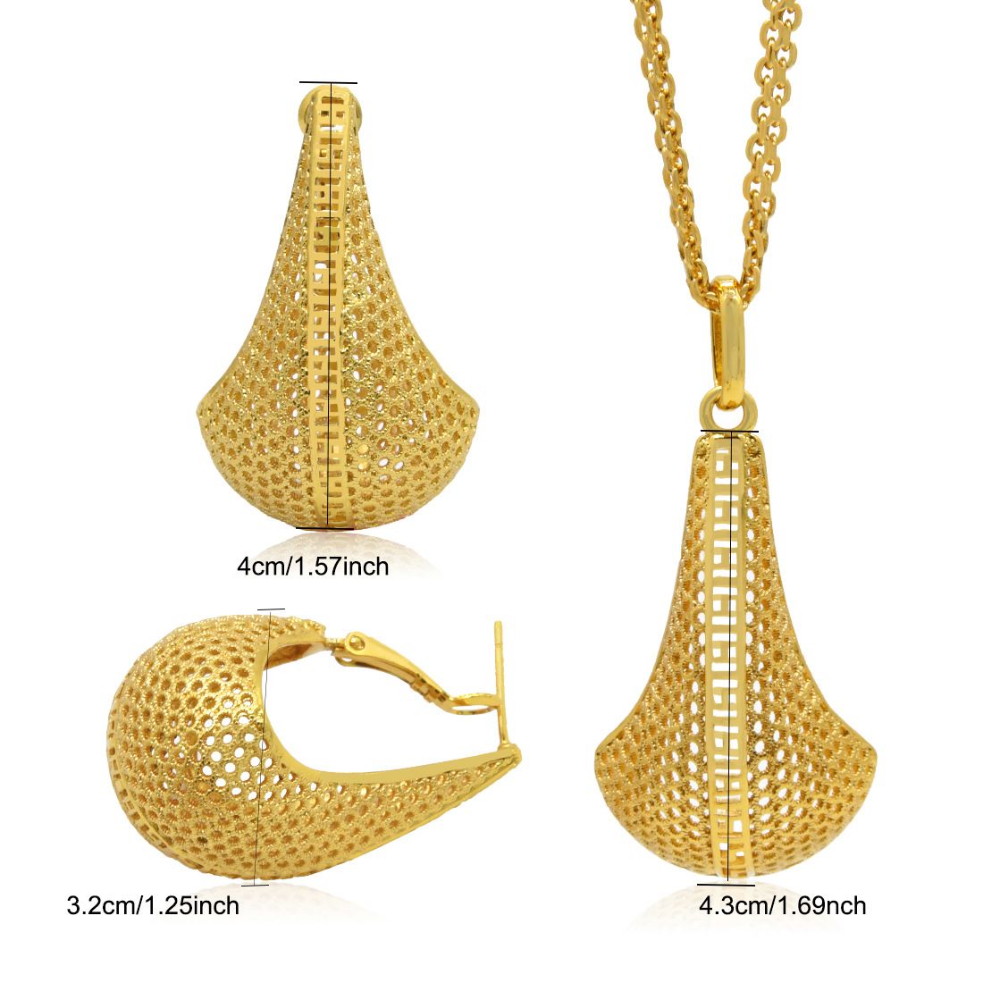 24K altın kaplı bakır takı seti kolye küpe geometrik