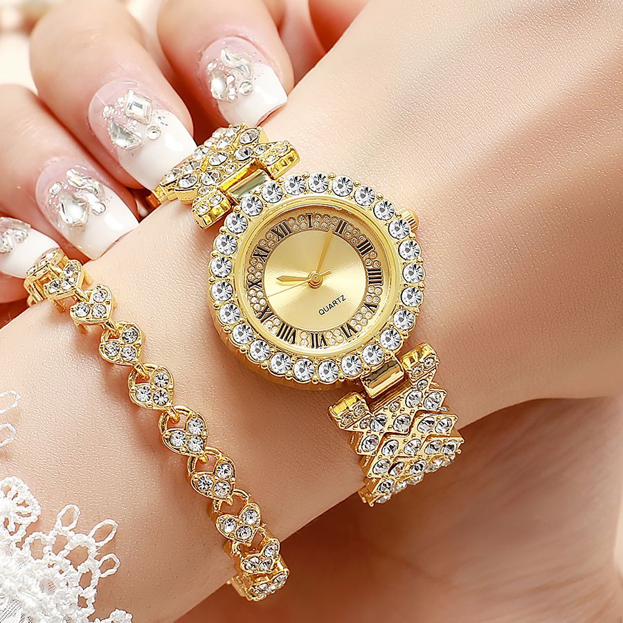 Women's quartz watch with rhinestone detail and Roman numerals