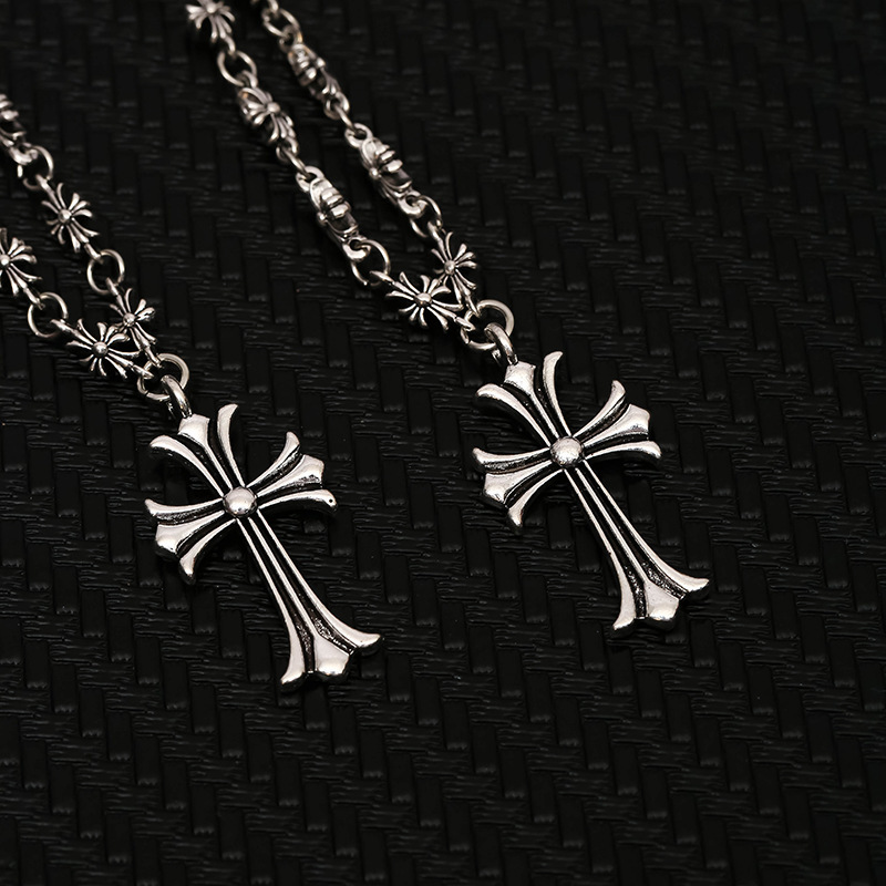 Cross necklace, handmade chain, vintage silver