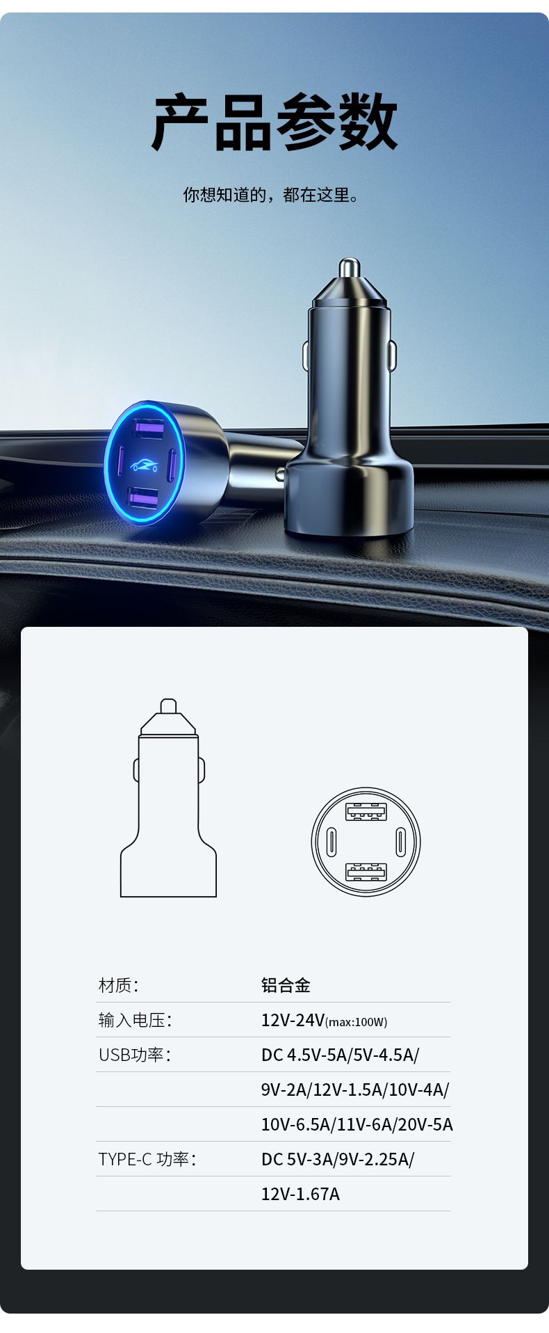 Auto-Ladegerät Aluminium 100W PD QC3.0 USB-C