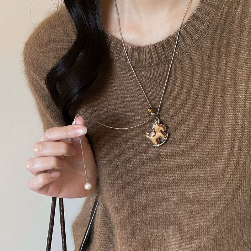 Vintage wooden horse pendant necklace, long sweater chain