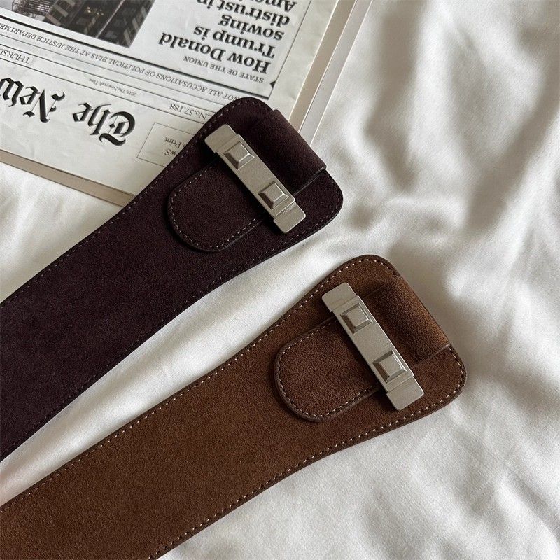 Women's suede belt with silver buckle, wide and elastic