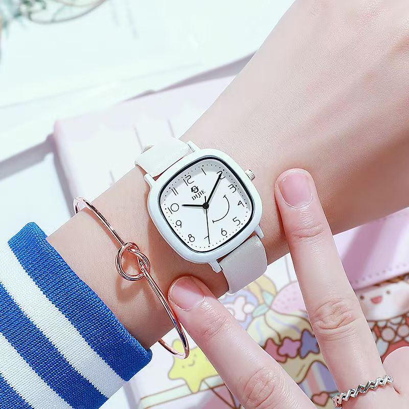 Square face quartz watch, white, for students