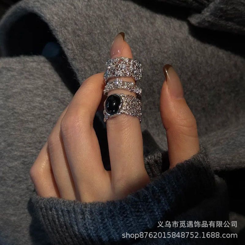 中古三件套！冷淡风银色镂空蕾丝戒指女轻奢高级感时尚食指戒指环