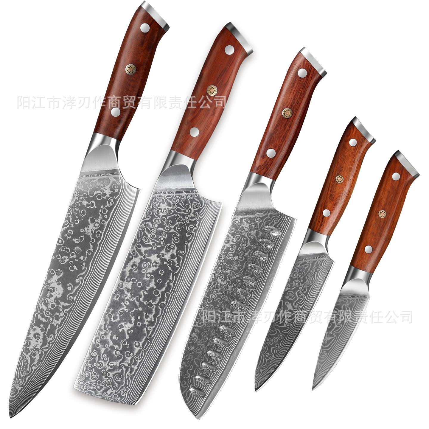 Damascus pattern knife set with rosewood handle chef knife