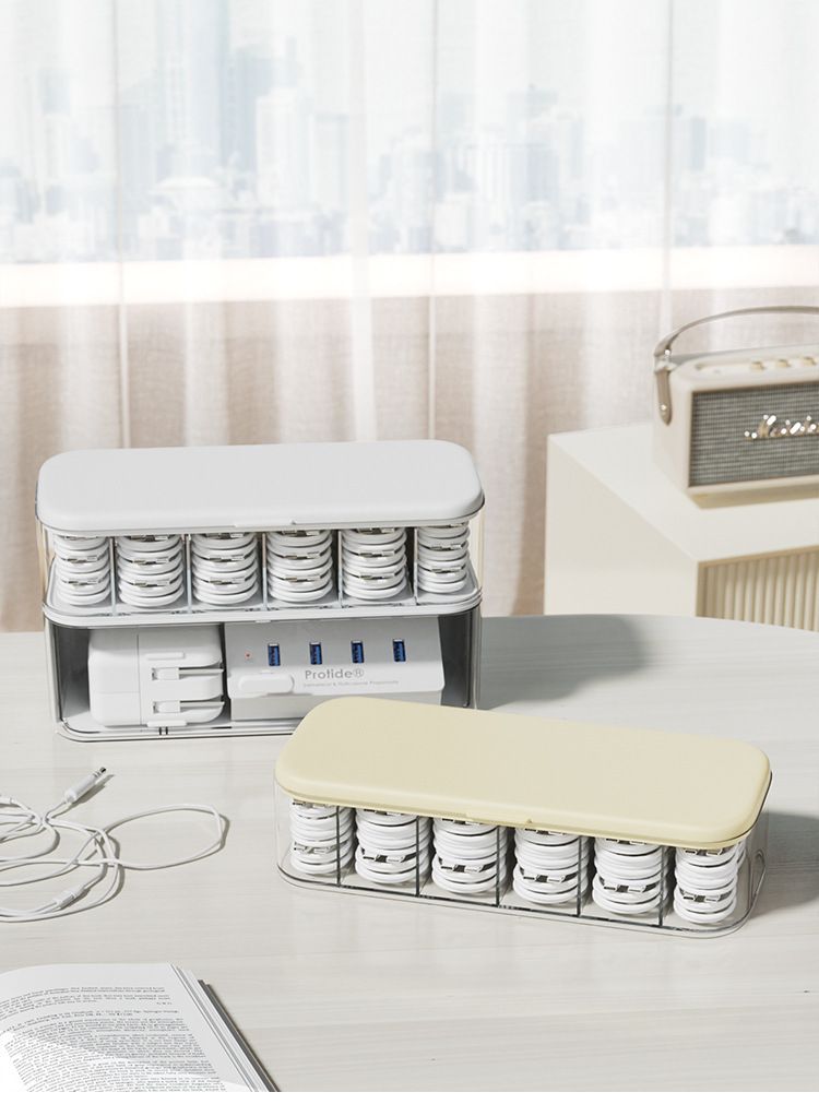 Double-layer cable storage box in acrylic for desktop organization