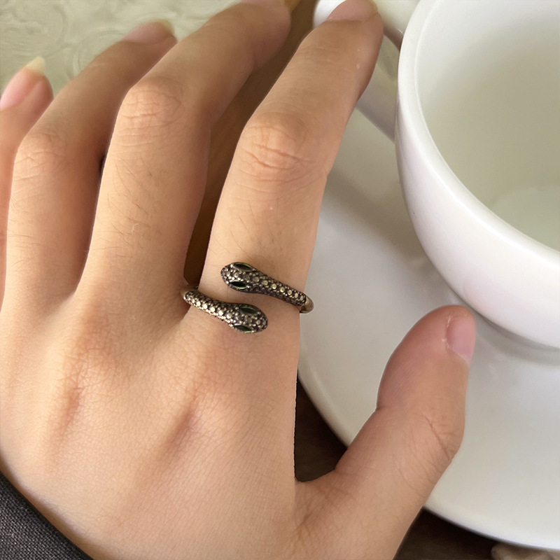 Schlangenring, 925er Silber, Zirkonia-Stein, doppelköpfiges Design