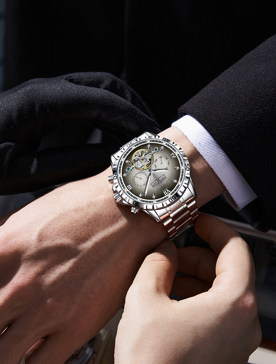 Men's tourbillon mechanical watch, multifunctional, waterproof