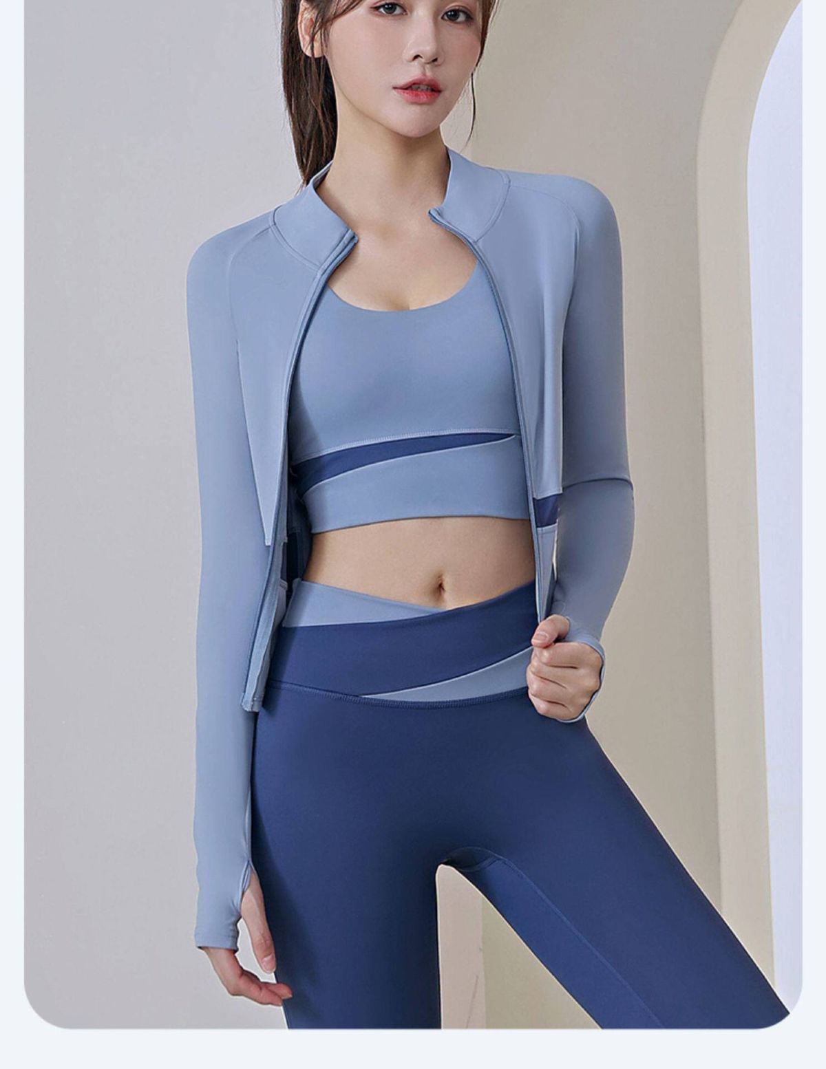 专业普拉提训练瑜伽健身服套装女速干运动服跑步撞色长袖外套上衣
