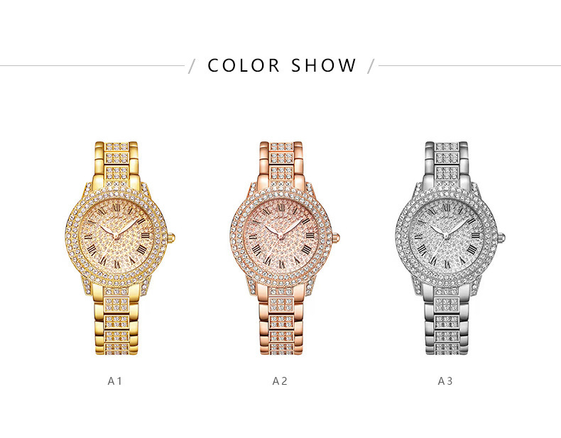 Women's diamond-studded quartz watch with Roman numerals and bracelet design