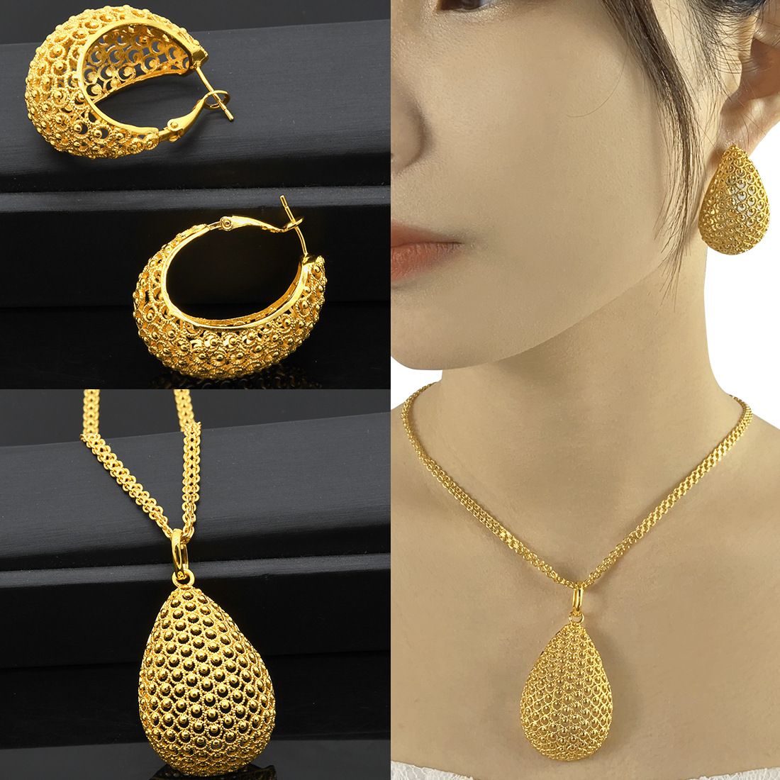24K altın kaplı bakır takı seti kolye küpe geometrik