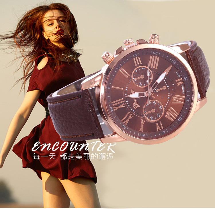 Women's quartz watch, leather strap, rose gold