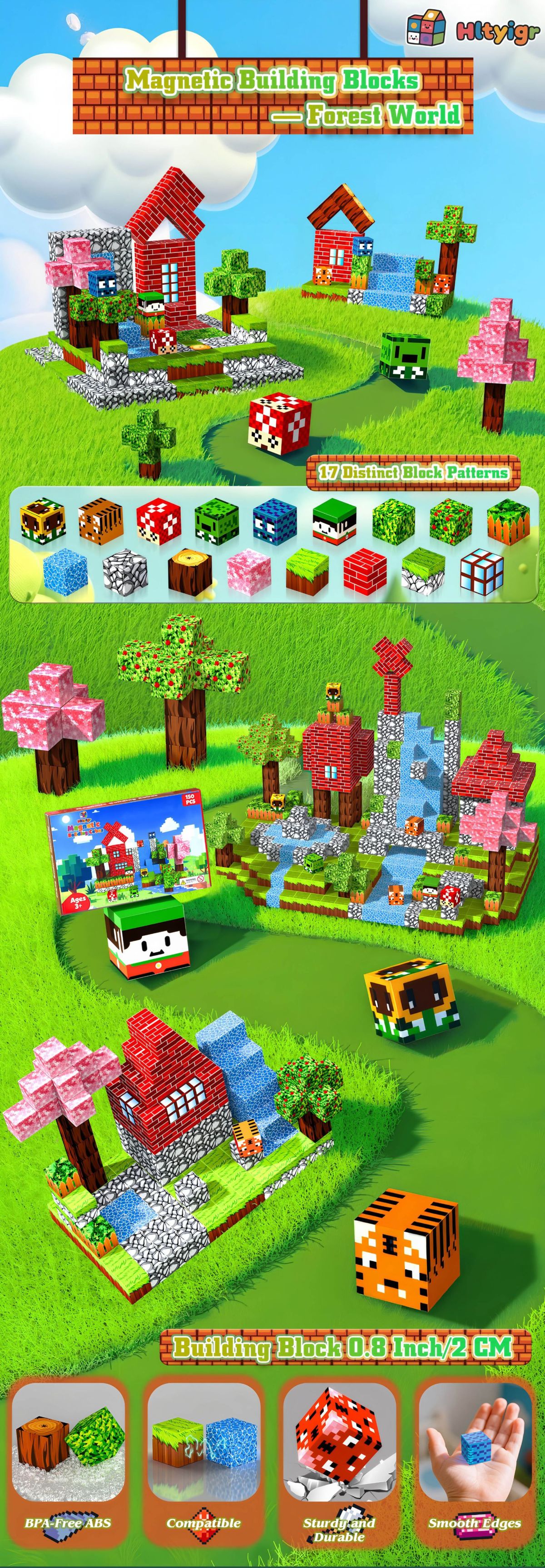 Magnetic building blocks animal home, four-piece wooden toy