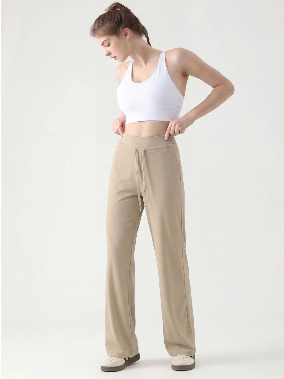 Kadın bol spor pantolon yoga geniş bacak yüksek bel bağcıklı