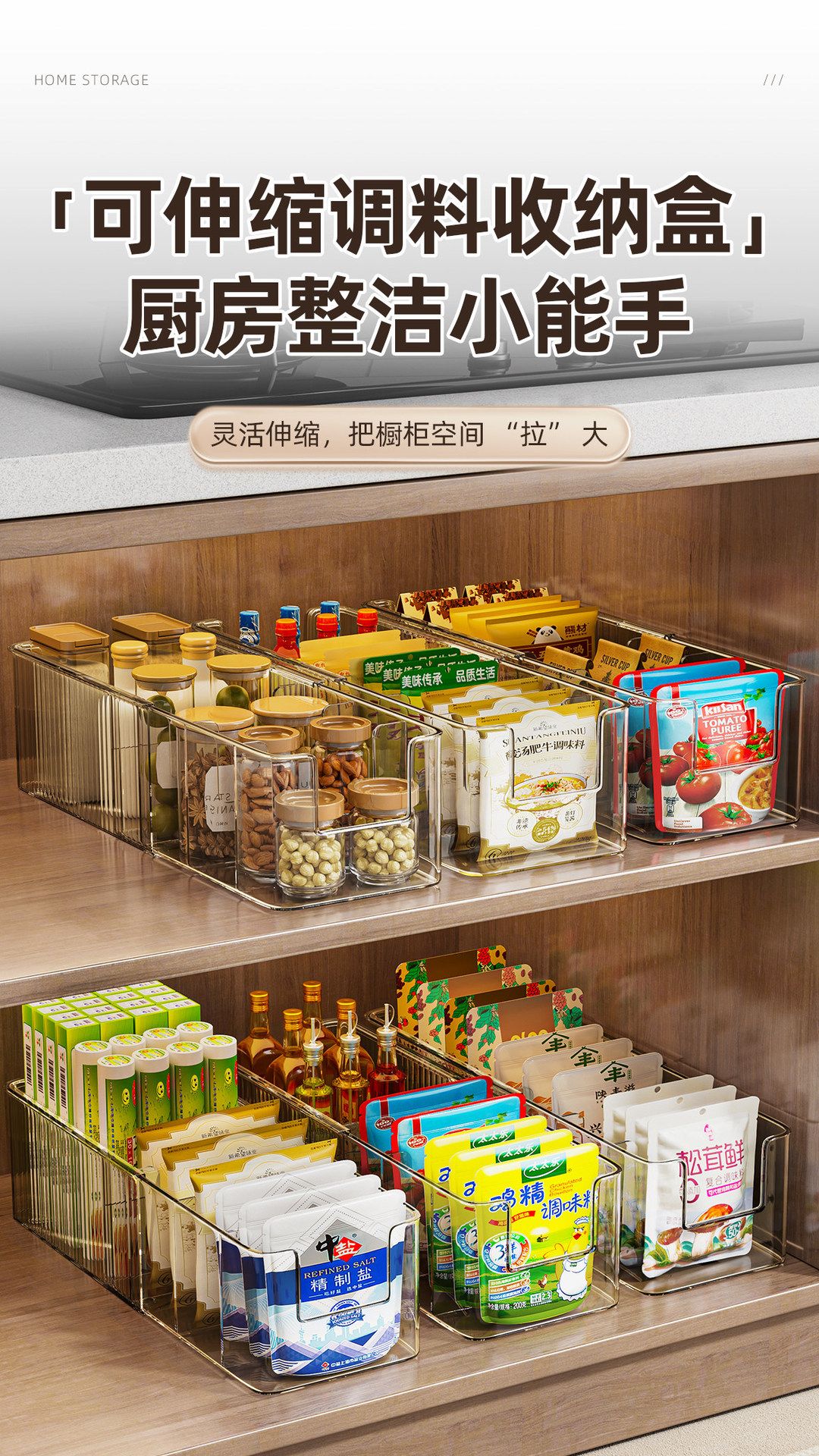 Spice storage box with telescopic rack organizer