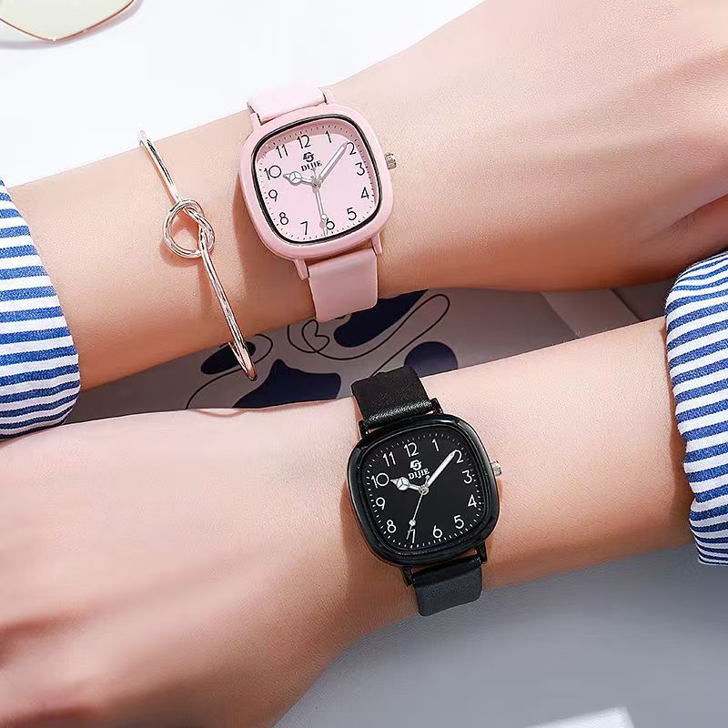 Square face quartz watch, white, for students
