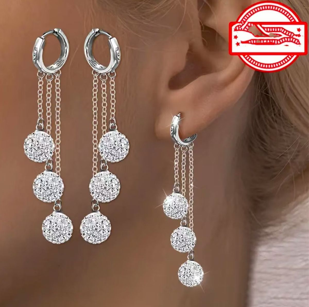 Dreireihige Ohrringe mit Steinen, Shamballa-Design Damen
