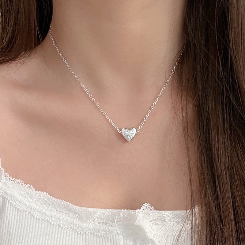 S999 gümüş kalp kolye, zirkon, çöpür zinciri, yaramaz stil tasarım