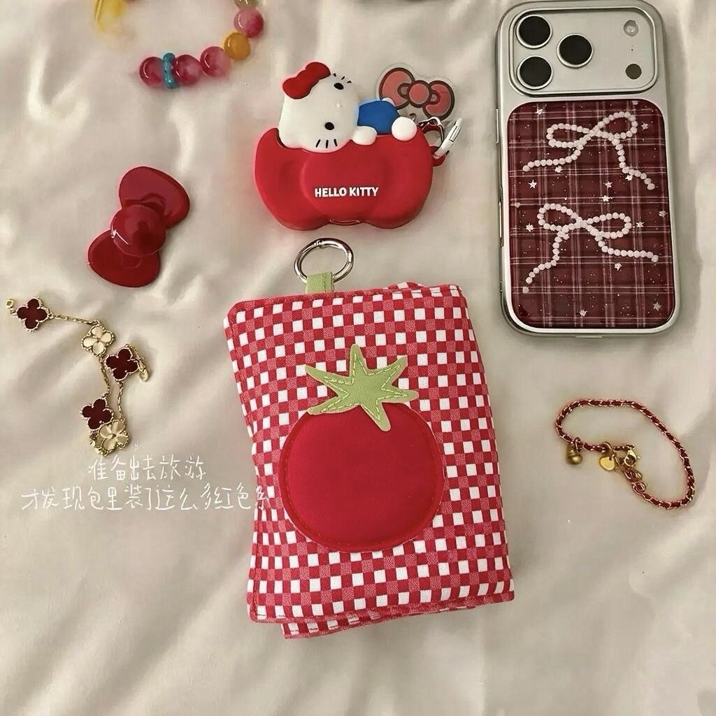 Passport holder, red plaid design, portable mini storage