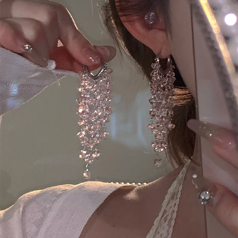 Crystal tassel earrings in white pink, elegant design