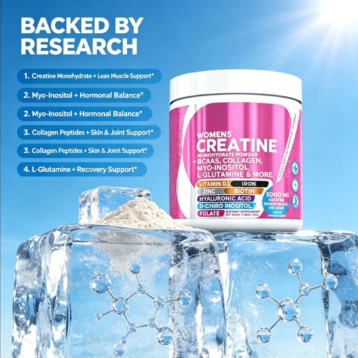 Women's creatine powder with collagen, biotin and hyaluronic acid