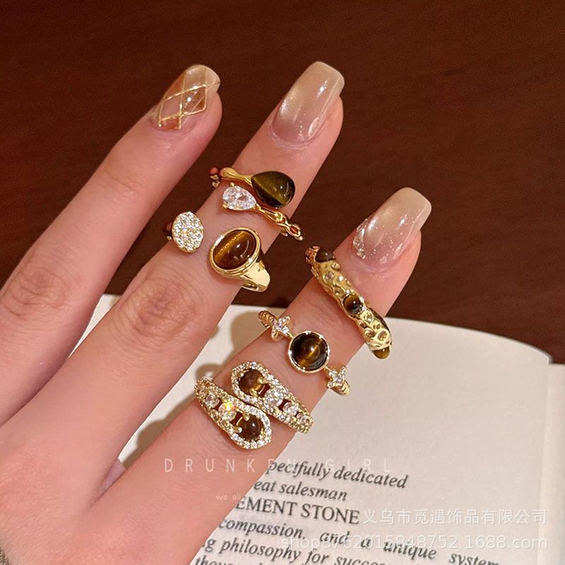 Tiger eye star water drop open ring