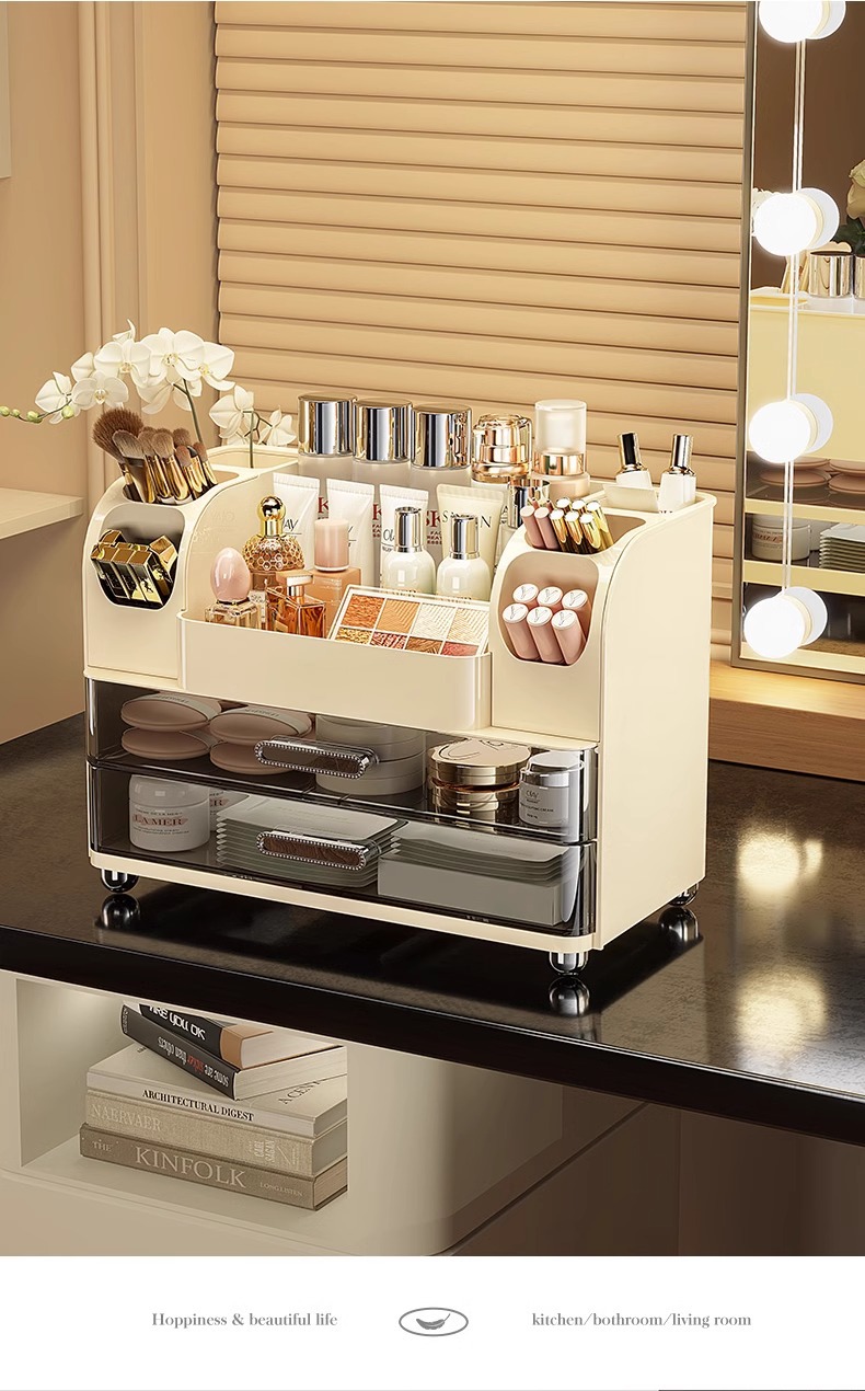 Desktop cosmetics storage box with mirror design