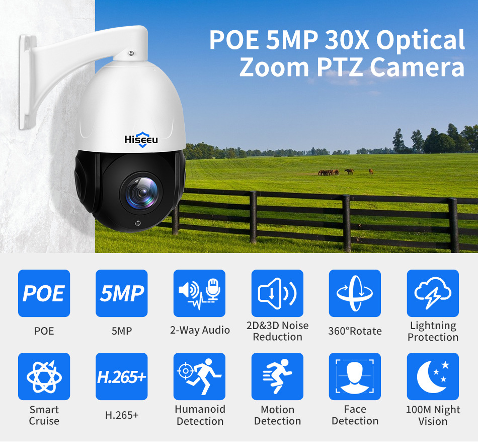 Hiseeu Camera, POE Wired 30x Zoom 5MP PTZ