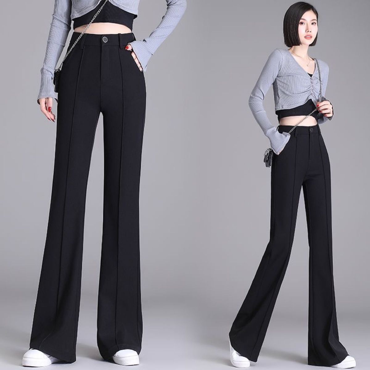 加绒加厚黑色微喇裤女2026秋冬新款高腰修身显瘦弹力休闲西装长裤