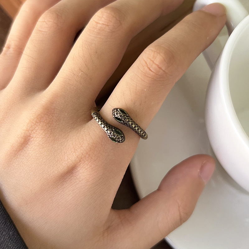Schlangenring, 925er Silber, Zirkonia-Stein, doppelköpfiges Design