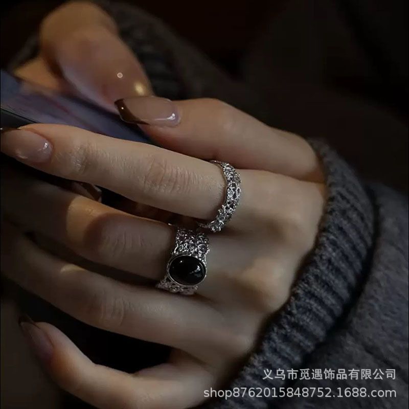 中古三件套！冷淡风银色镂空蕾丝戒指女轻奢高级感时尚食指戒指环
