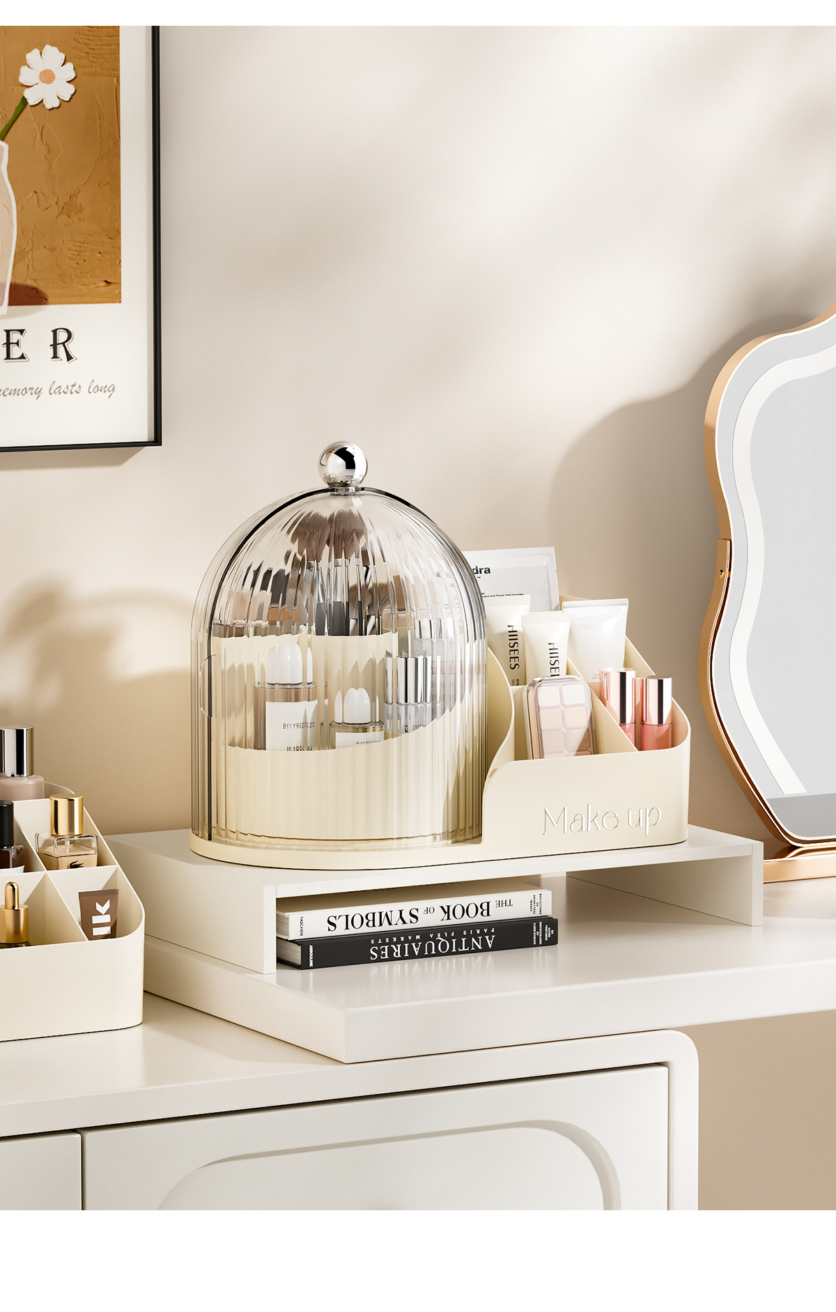 Transparent rotating makeup organizer with brush set and compartments