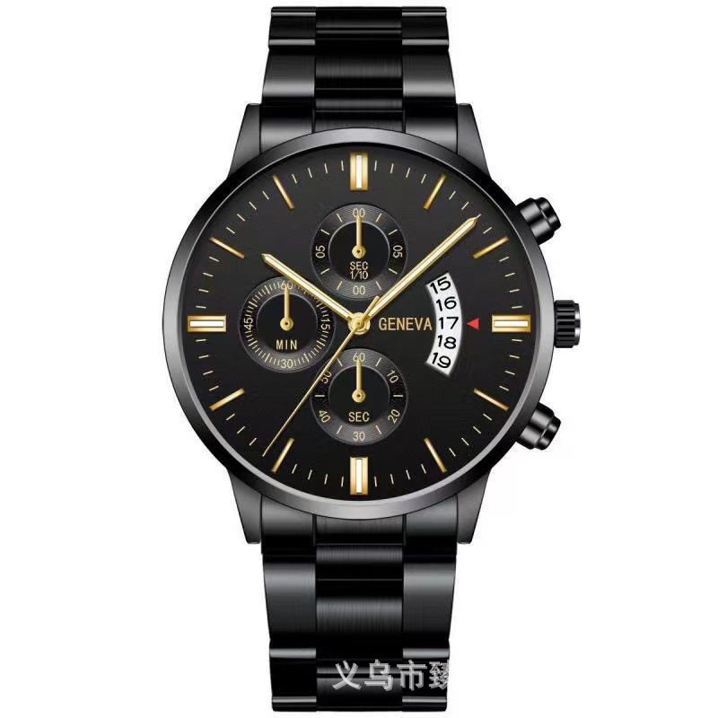 Men's watch set, black gold steel band with cross pendant