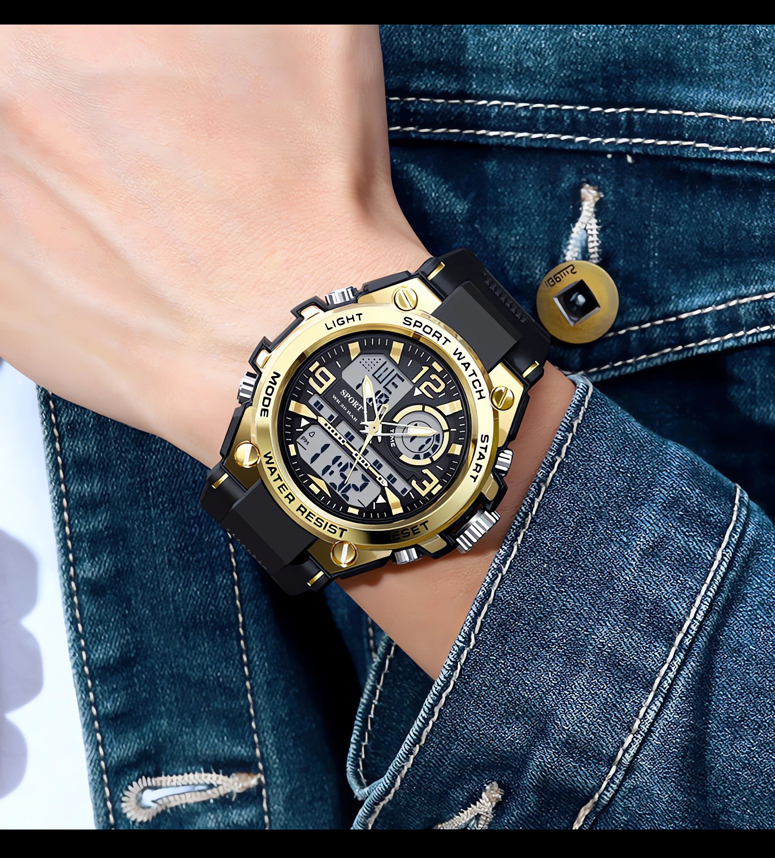 Men's digital sports watch, waterproof, multifunctional
