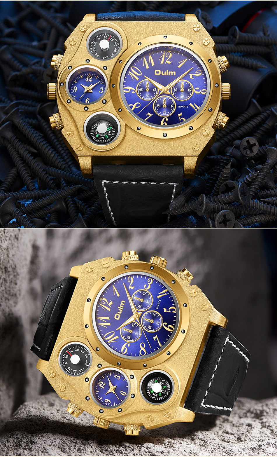 Herrenarmbanduhr, großes Zifferblatt, Mehrfach-Zeitzonen, Quarz