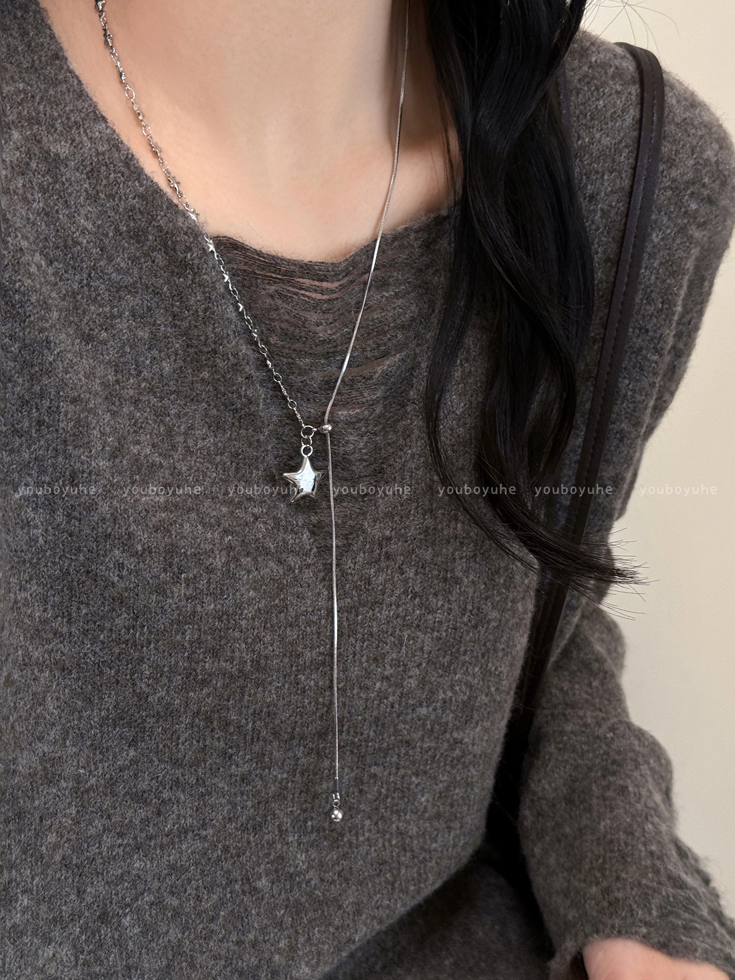 Adjustable zircon snowflake pendant long sweater chain necklace