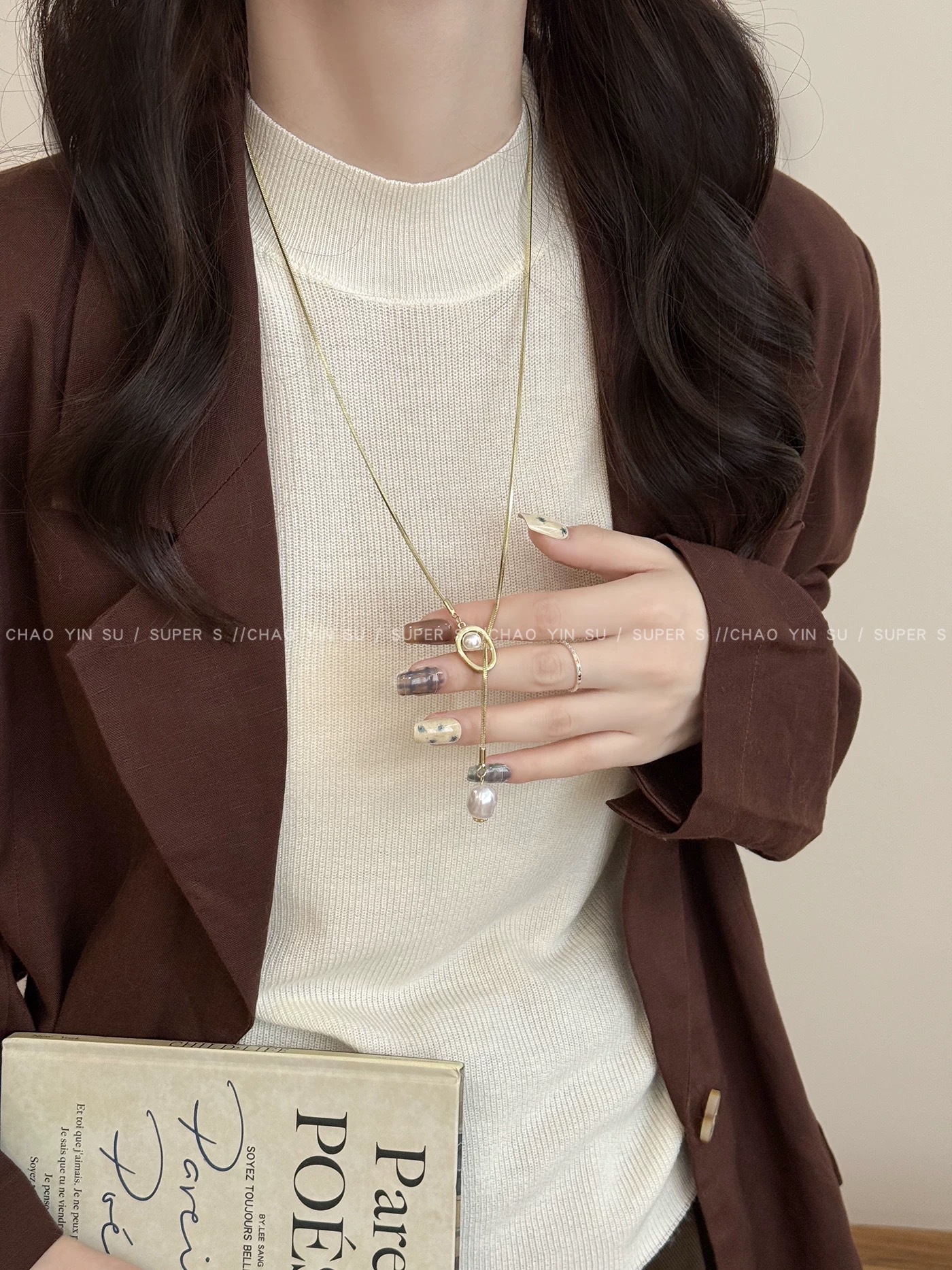 Pearl pendant long sweater chain necklace non-fading premium