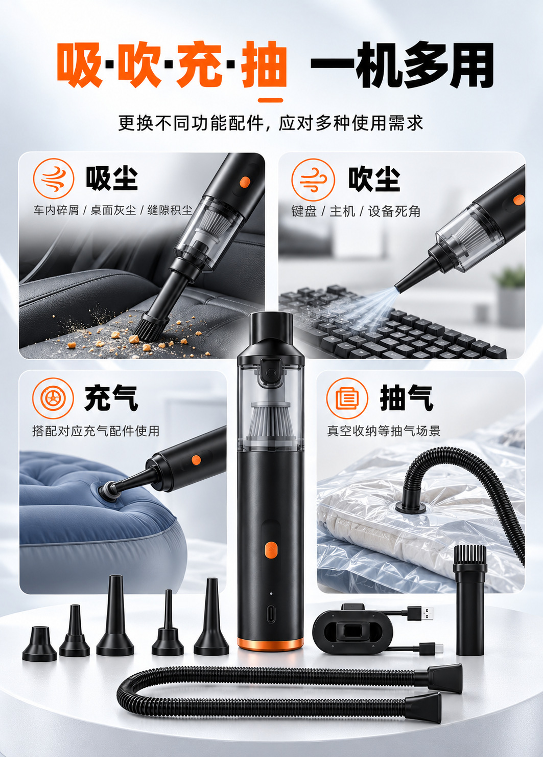 Brushless car vacuum cleaner, multi-function, rechargeable, handheld