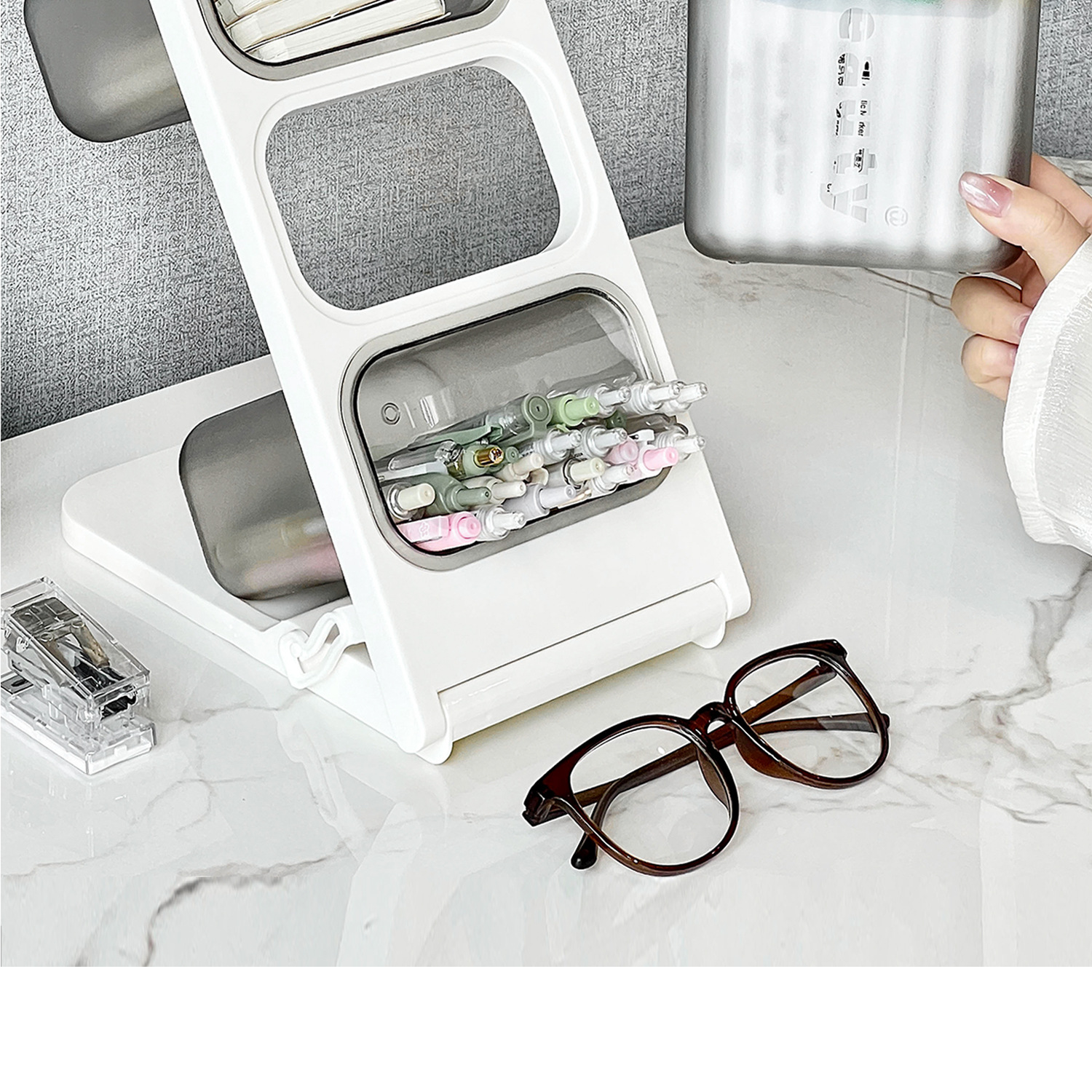 Angled pencil holder, large capacity desk storage organizer