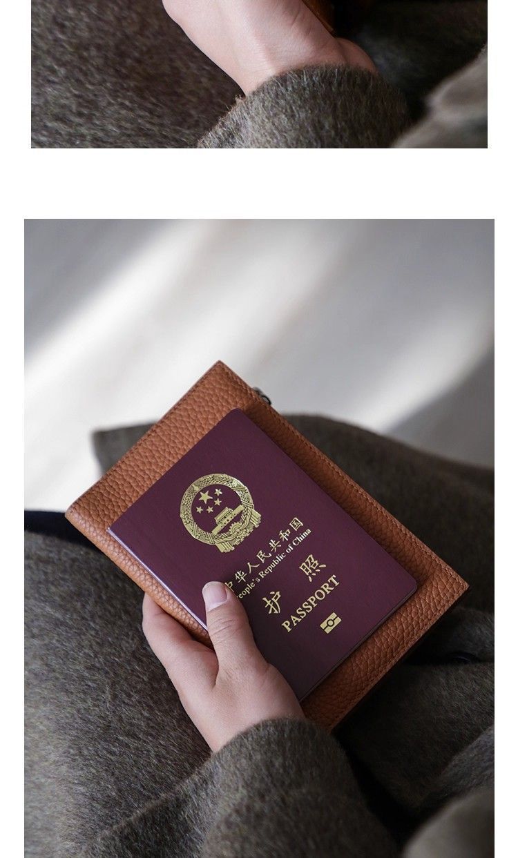 Genuine leather passport wallet, zipper, ultra-thin, multifunctional