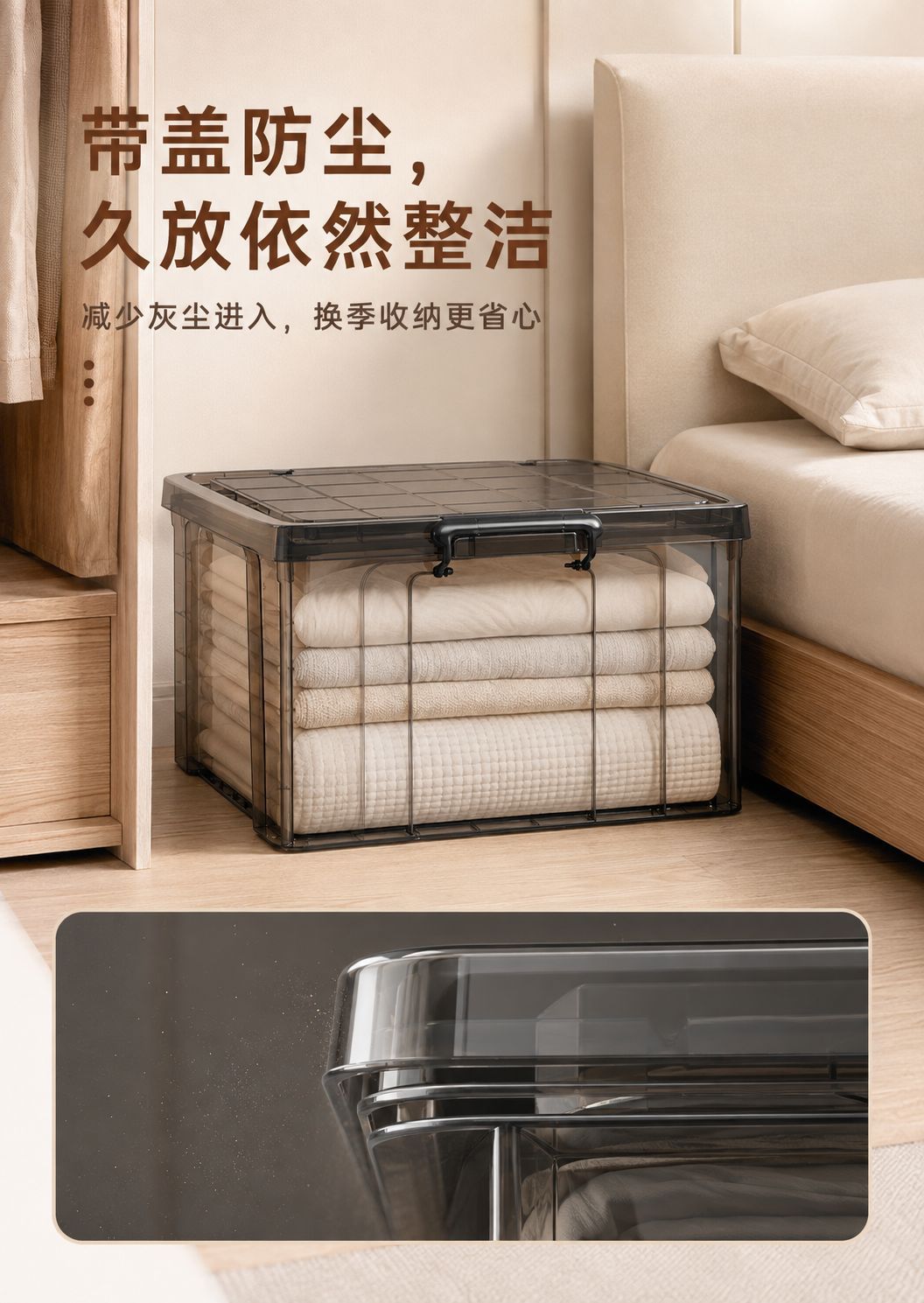 Clothing storage box with lid, clear, large capacity