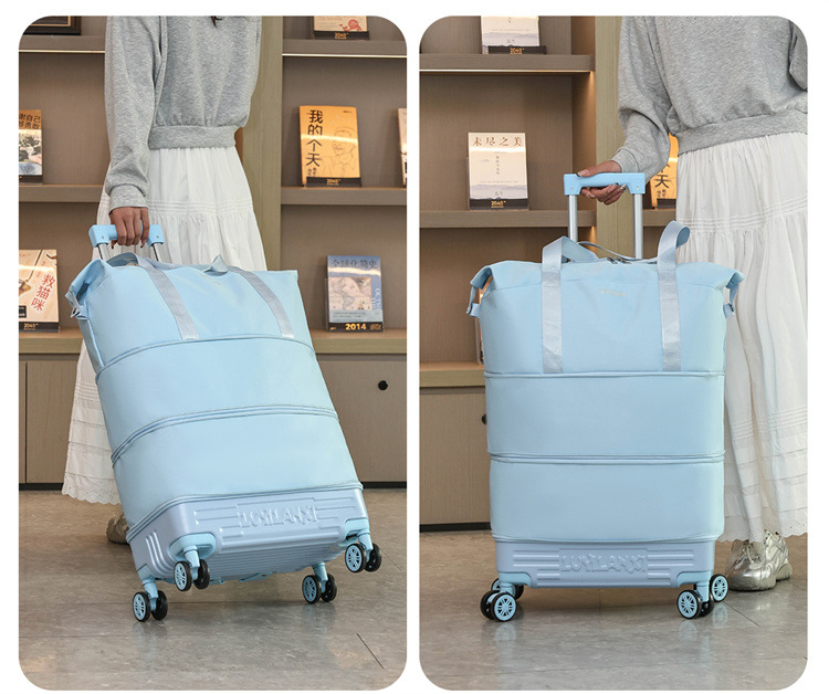 Travel luggage with pull rod and wheels, foldable, expandable capacity