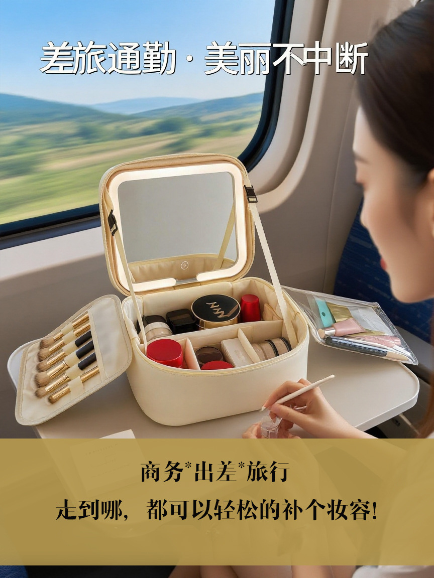 Makeup bag with mirror and LED light, portable organizer