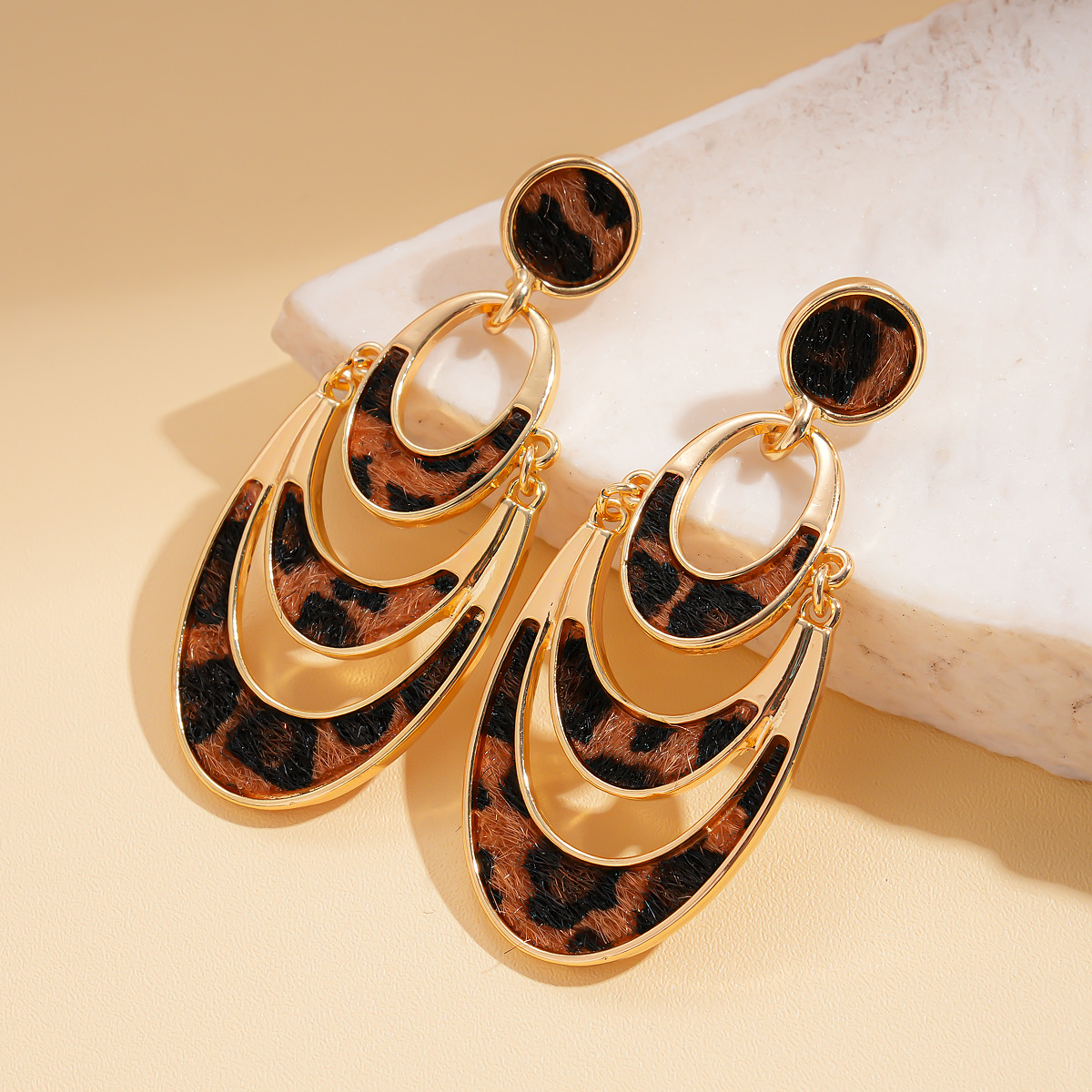 Leopard print earrings with faux horsehair, multi-layer design