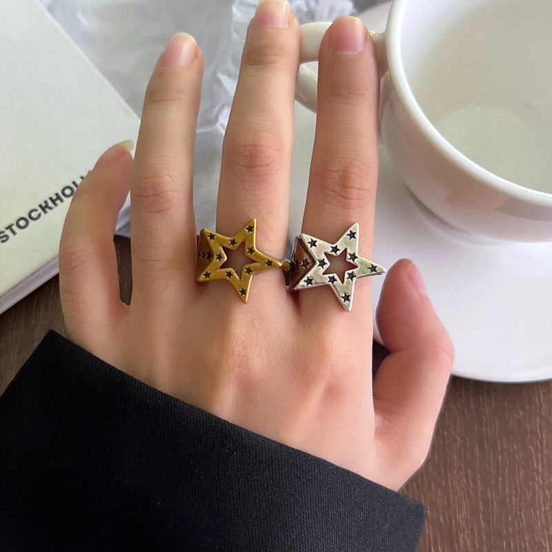 Five-pointed star 925 silver ring, hip-hop design