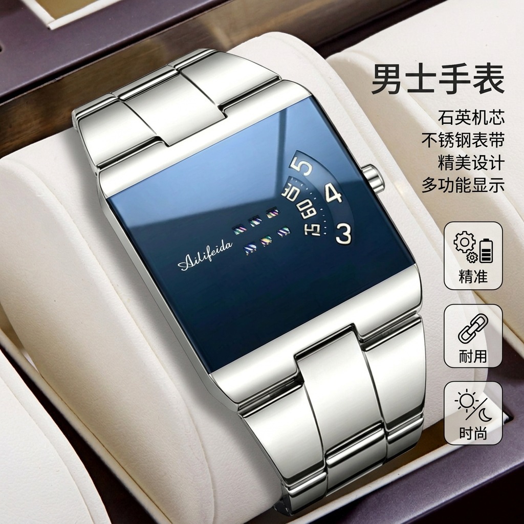 Men's Square Quartz Watch Steel Band Waterproof